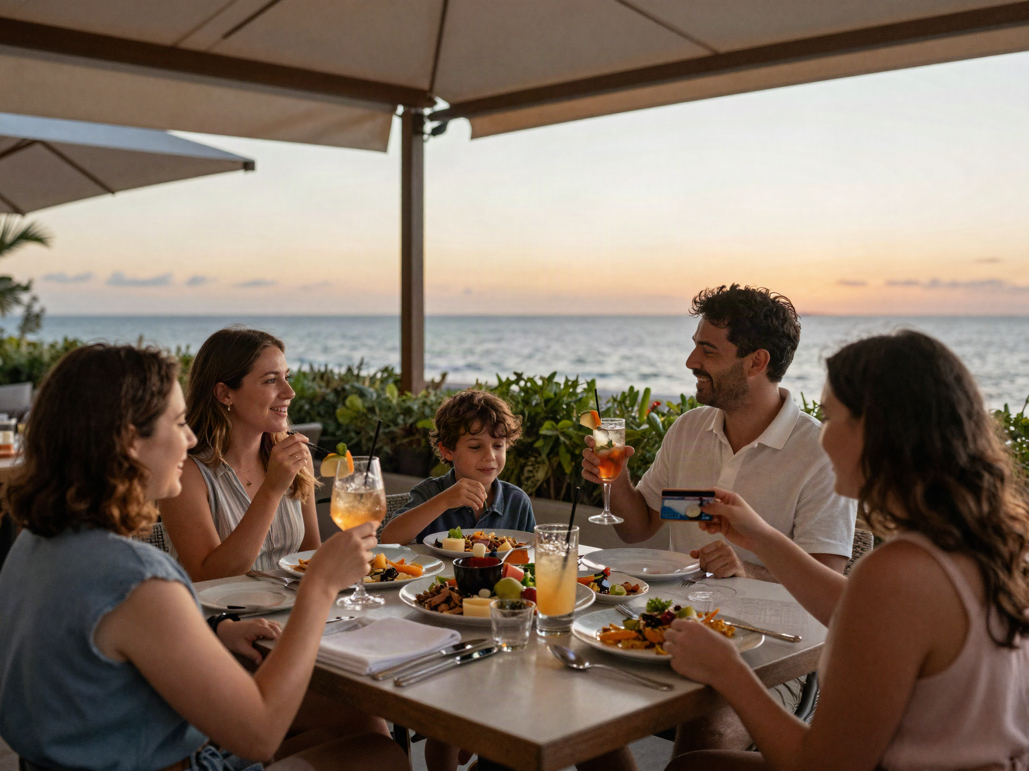 Family dining at a coastal hotel patio