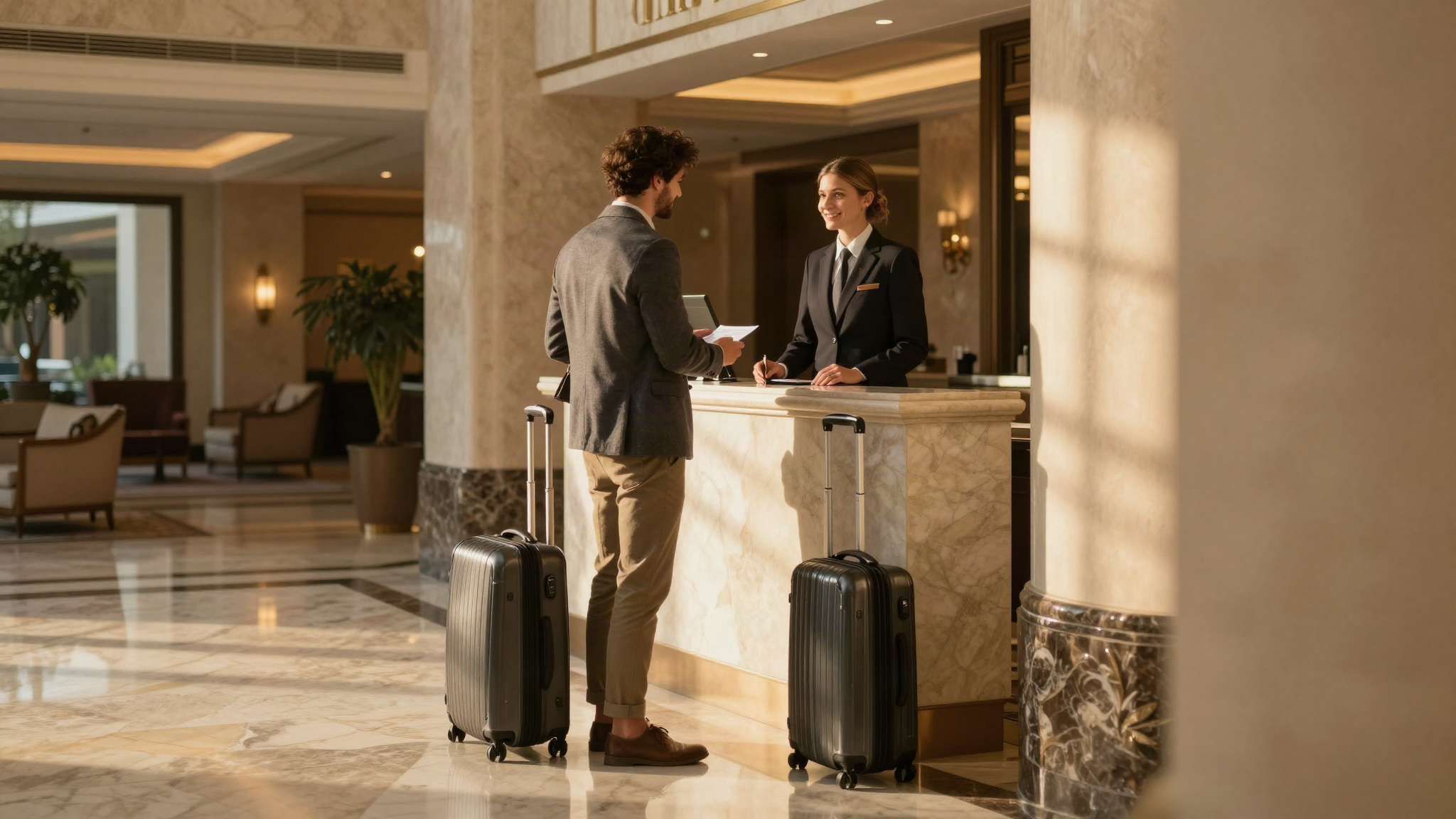 Traveler checking in at a luxury hotel lobby